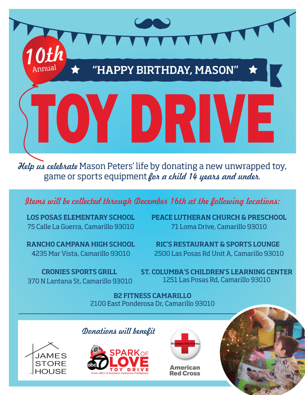 Flyer for the 10th Annual Toy Drive celebrating Mason's life